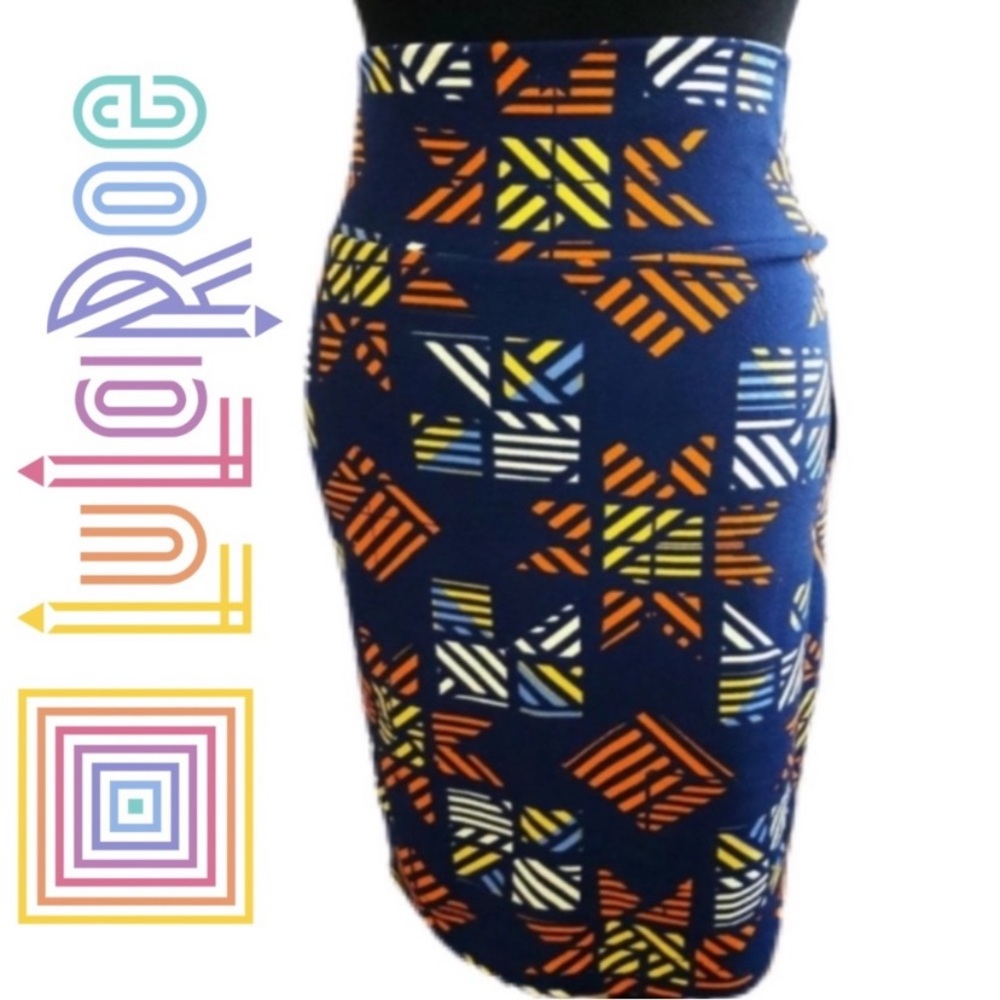 NEW LuLaRoe Cassie Skirt Small Blue Multi Color Geometric Print Stretch BNWT